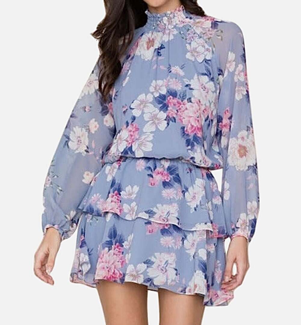 Yumi Kim Floral Mock Neck Long Sleeve Tiered Mini Dress Size XS